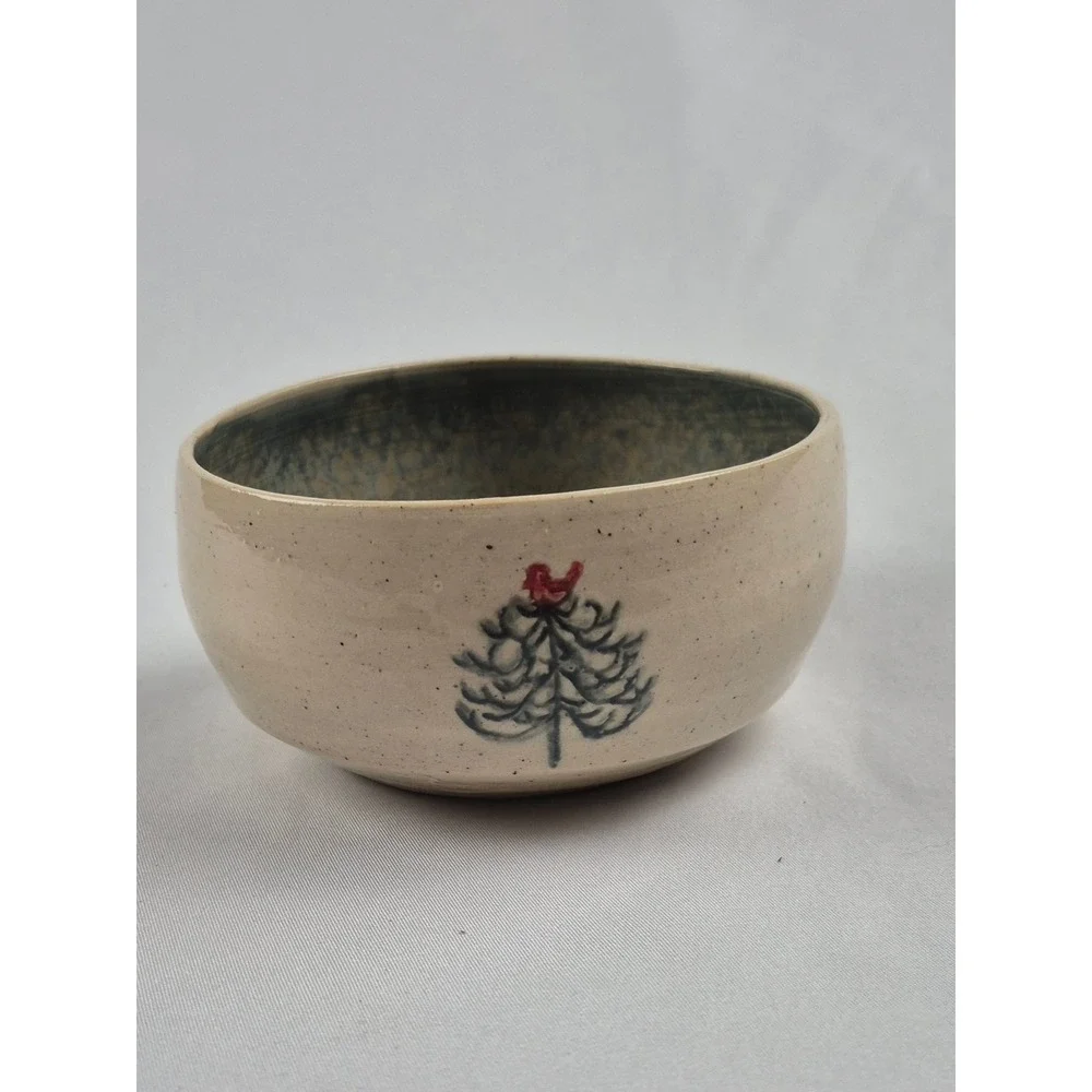 EMS Studio Pottery Stoneware Cardinal Pine Tree Bowl Handmade Rustic Signed 4.5